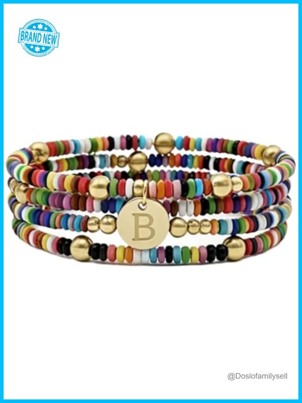 Set of 4 Stackable Bead Initial Bracelets, Adjustable Stretchy Charm Bracelets,